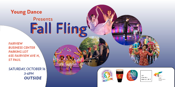 Graphic with 5 Bubbles with images of Chinese dancers, drummers, ballet dancers, a woman dancing with a girl in a wheelchair, and a black woman with her arms up. The text states, Young Dance Presents the Fall Fling Saturday, October 16.