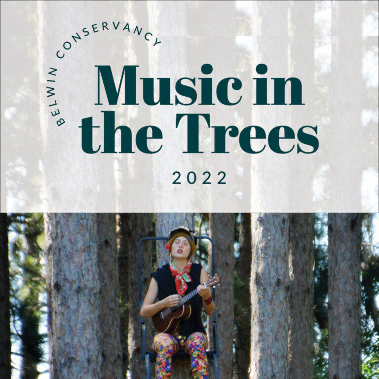 Image of a woman playing a guitar in a tree. Text says Belwin Conservancy Music in the Trees 2022