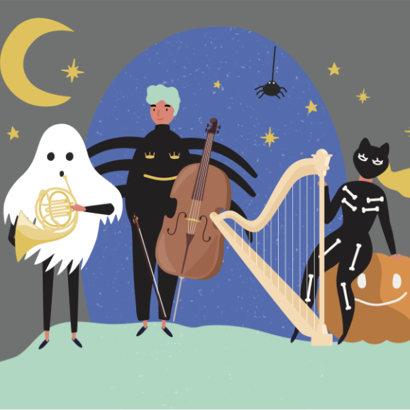 Image of a spider, ghost and skeleton cat playing musical imstruments.