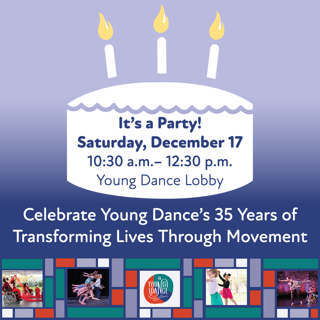Image of a cake with text saying, "It's a Party Saturday, December 1710:30–12:30 pm in the Young Dance Lobby"