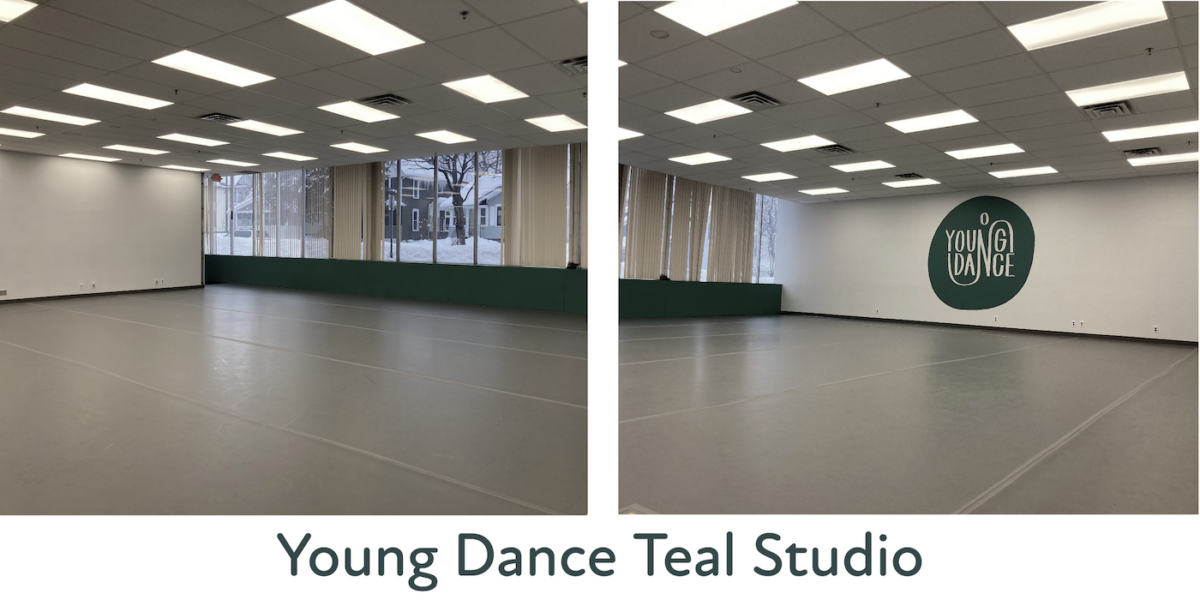 Young Dance Teal Studio looking from the front. Big open room with windows. 