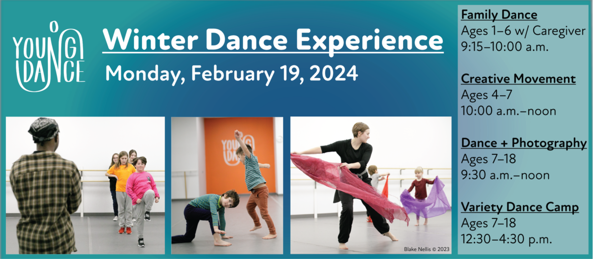 3 dance class images with text details outlining class offerings. “Family Dance, Ages 1–6 w/caregiver from 9:15–10:00 am for $15. Creative Movement, Ages 4–7 from 10:00 am–12:00 pm for $25. For dancers ages 7–18 Dance + Photography costs $42 and runs from 9:30 am–noon, and Variety Dance Camp costs $68 and runs from 12:30–4:30 pm. 

