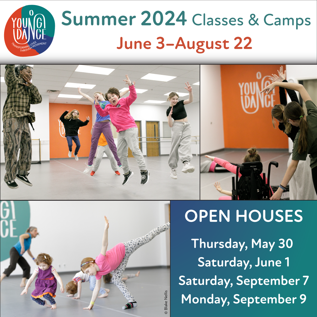 Three Young Dance class images by photographer Blake Nellis with text, “Summer 2024 Camps and Classes June 3–August 22."