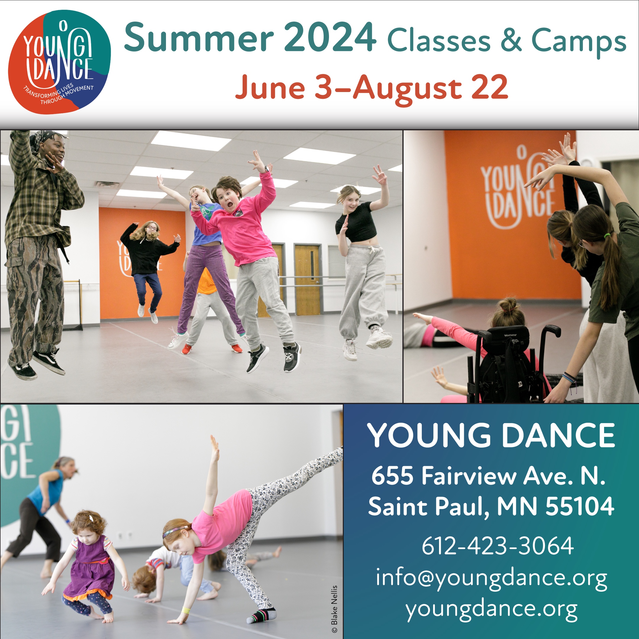 Three Young Dance class images by photographer Blake Nellis with text, “Summer 2024 Camps and Classes June 3–August 22."