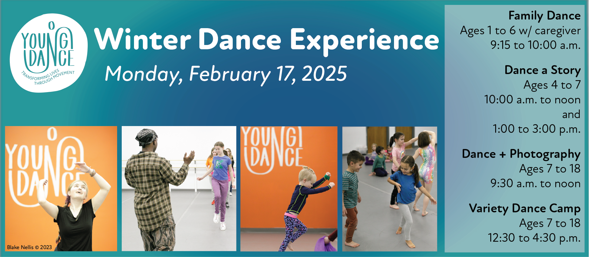 Four class images of dancers for the Winter Dance Experience on Monday, February 17, 2025. The text lists