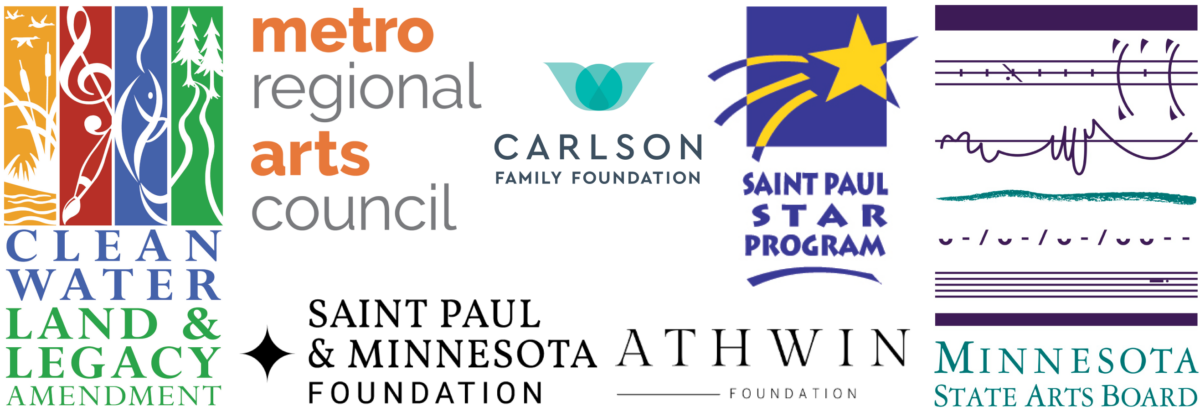 Collage of sponsor logos including the Minnesota State Arts Board, Metro Regional Arts Council, Saint Paul and Minnesota Foundation, Carlson Family Foundation, Saint Paul Star Program, and Athwin Foundation. 
