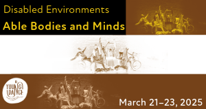 Three all abilities dancing group images in the colors of the disability flad with text, "Disabled Environments Able Bodies and Minds on March 21 to 23, 2025."